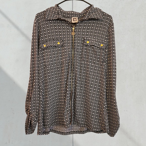 Anne Klein Top | Black White Geometric Print Long Sleeve Zip-Up Blouse | Size XL - Picture 1 of 6